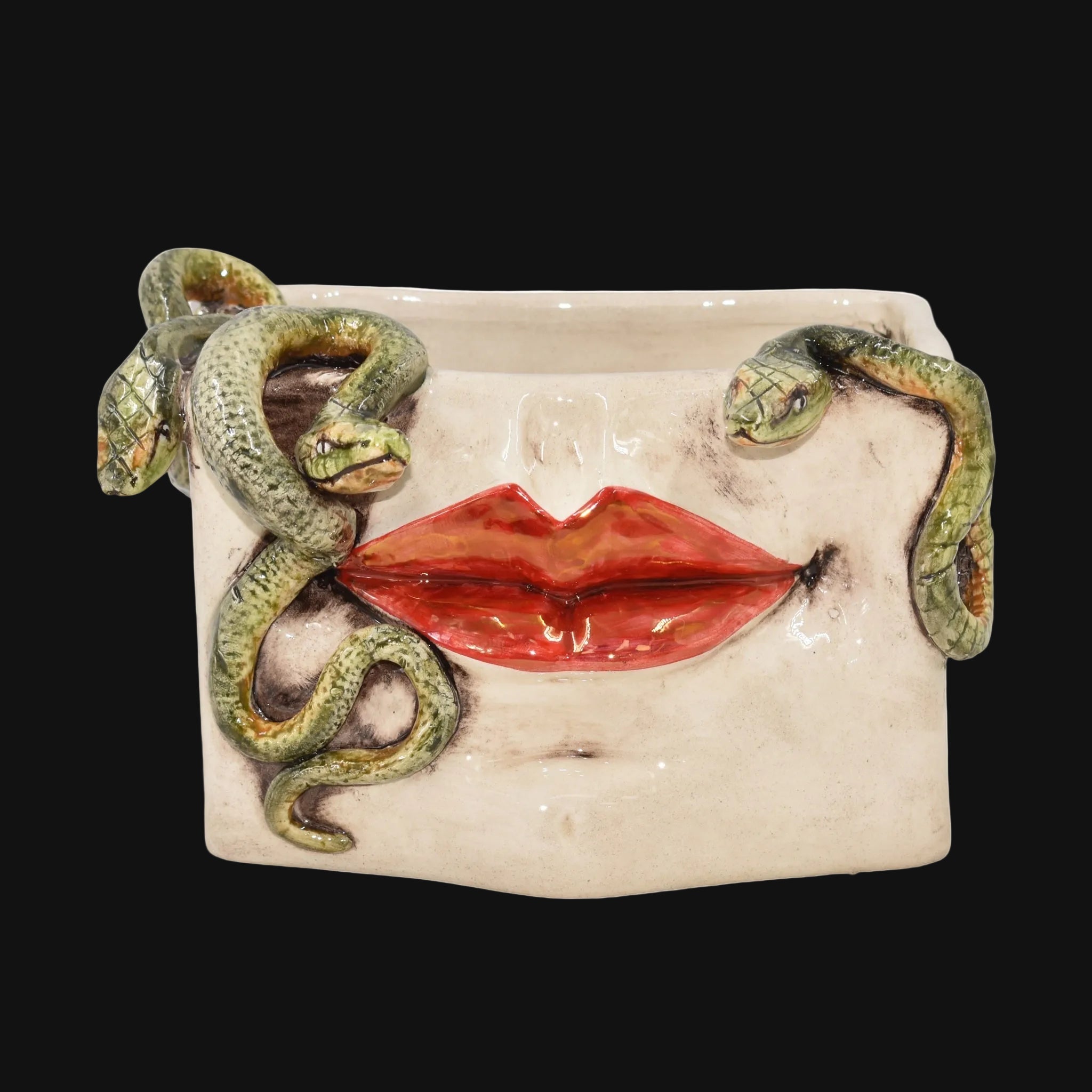 Caltagirone Ceramic Medusa Box — Gold and Lustre Lips, Applied Snakes, Antique Mother of Pearl
