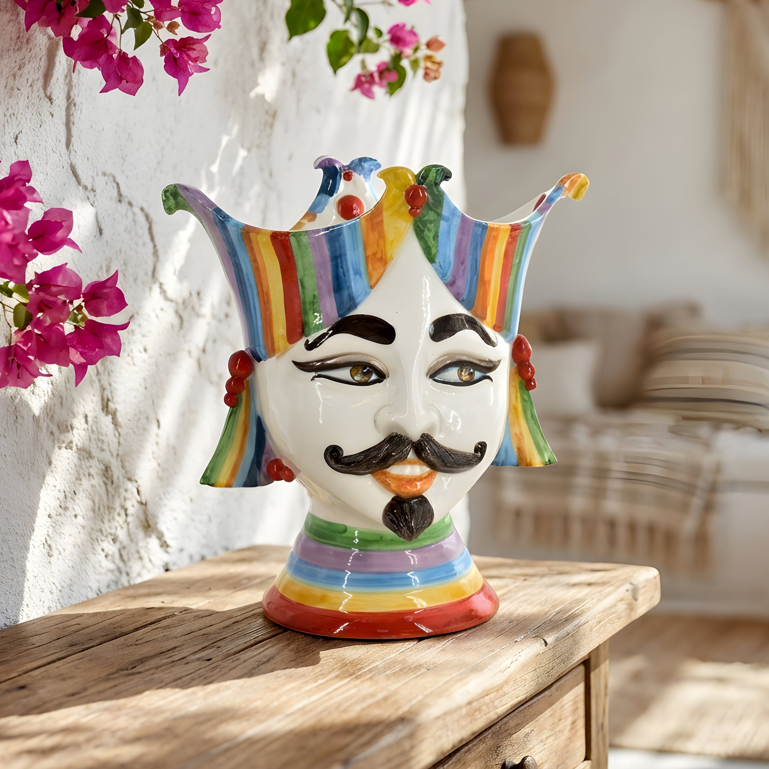 Testa di Moro "Aisha" 25 cm White and Color - Viso Uomo in Ceramica Siciliana - Ceramiche di Caltagirone Sofia