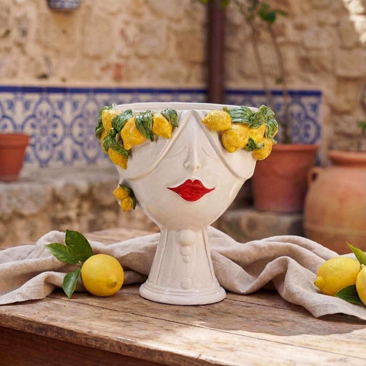 Testa di Moro con limoni "Zahira" donna | White and Lemon 30 cm - Ceramiche di Caltagirone Sofia
