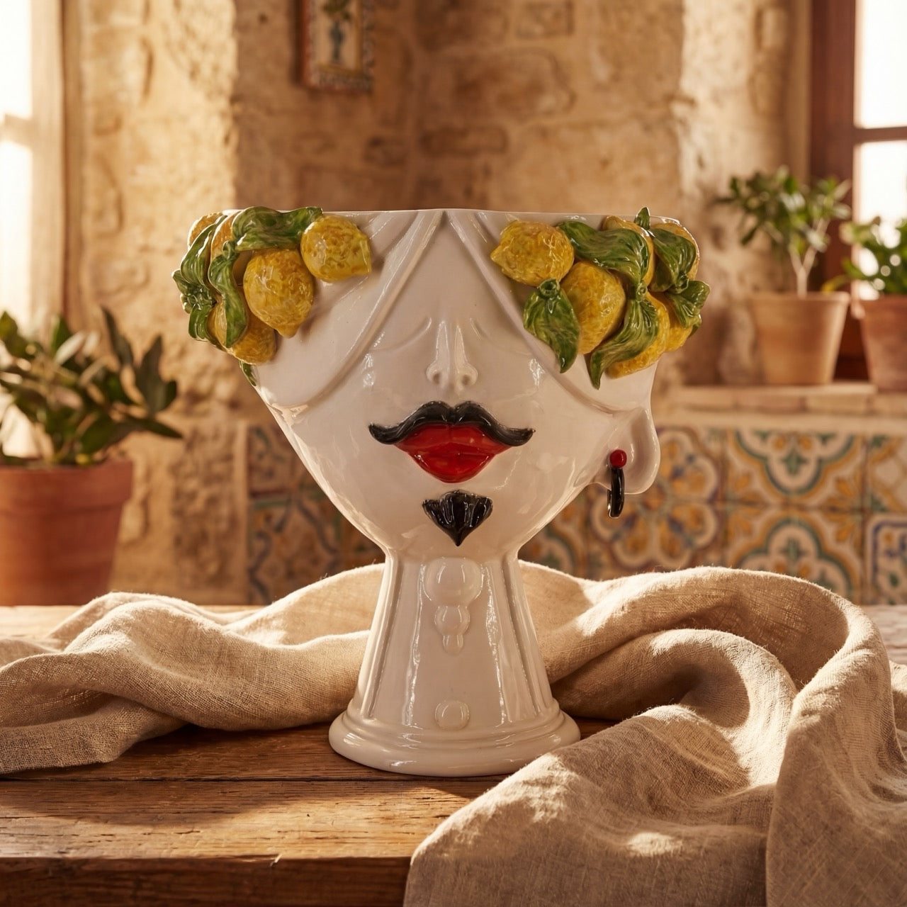 Testa di Moro con limoni "Zahira" uomo | White and Lemon 30 cm - Ceramiche di Caltagirone Sofia