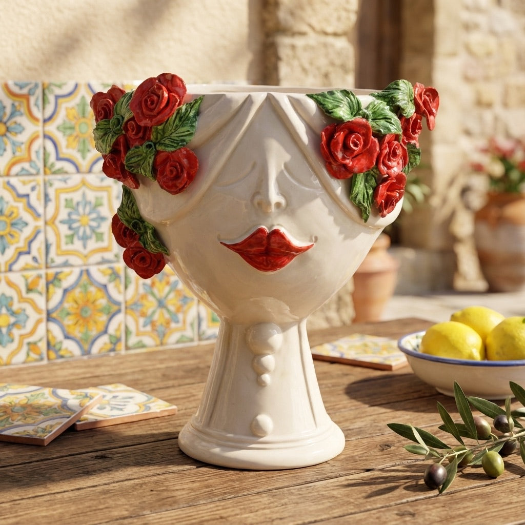 Testa di Moro con rose rosse "Zahira" donna | White and Color 30 cm - Ceramiche di Caltagirone Sofia