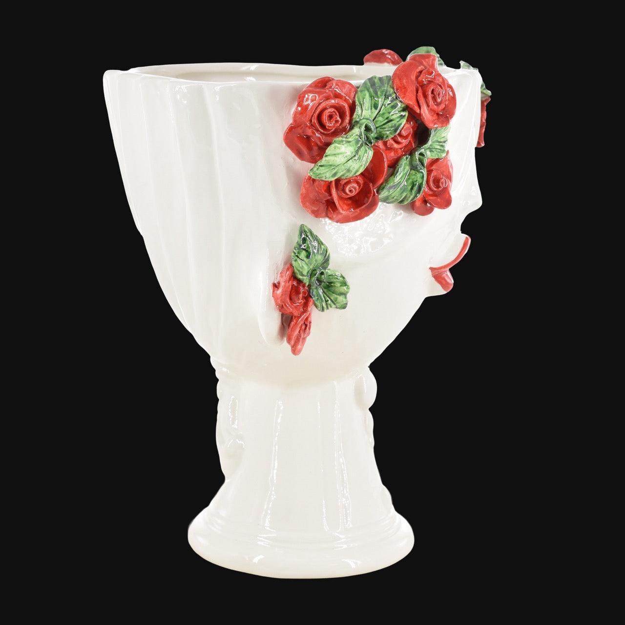 Testa di Moro con rose rosse "Zahira" donna | White and Color 30 cm - Ceramiche di Caltagirone Sofia