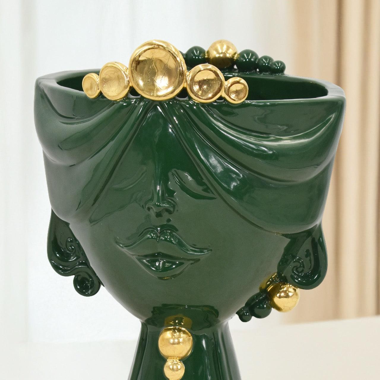 Testa di Moro donna in Ceramica Caltagirone | Zahira Verde e Oro h 30 cm - Ceramiche di Caltagirone Sofia