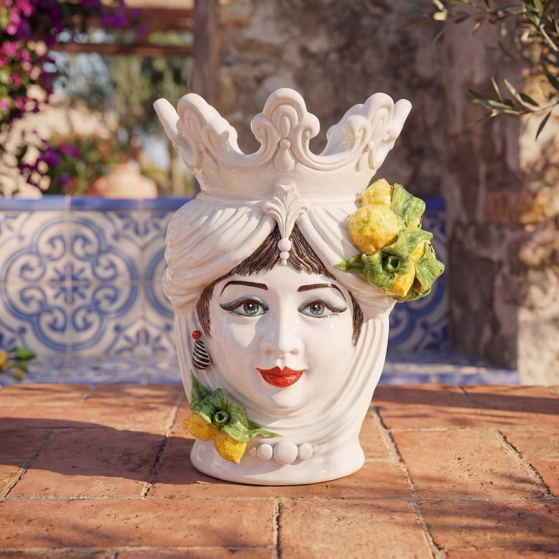 Testa di Moro h 40 cm White and Lemon femmina - Ceramiche di Caltagirone Sofia