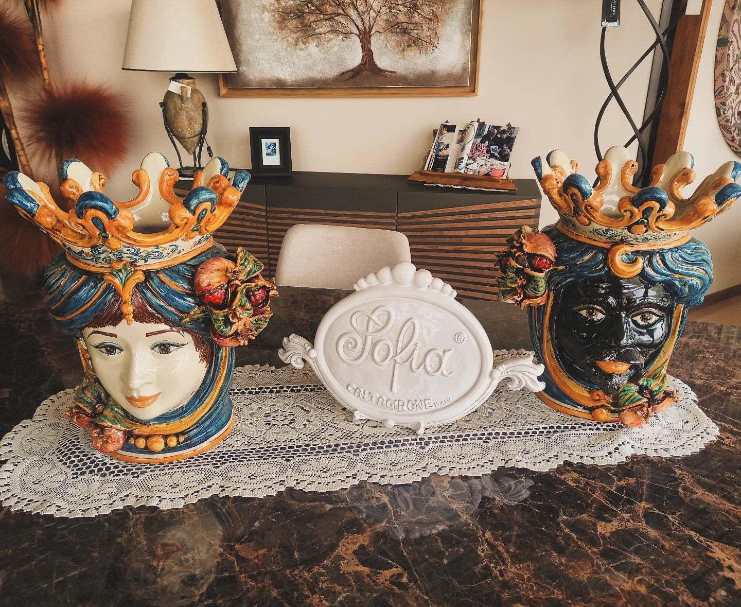 Testa di moro h 40 melograni blu e arancio femmina - Ceramiche di Caltagirone Sofia