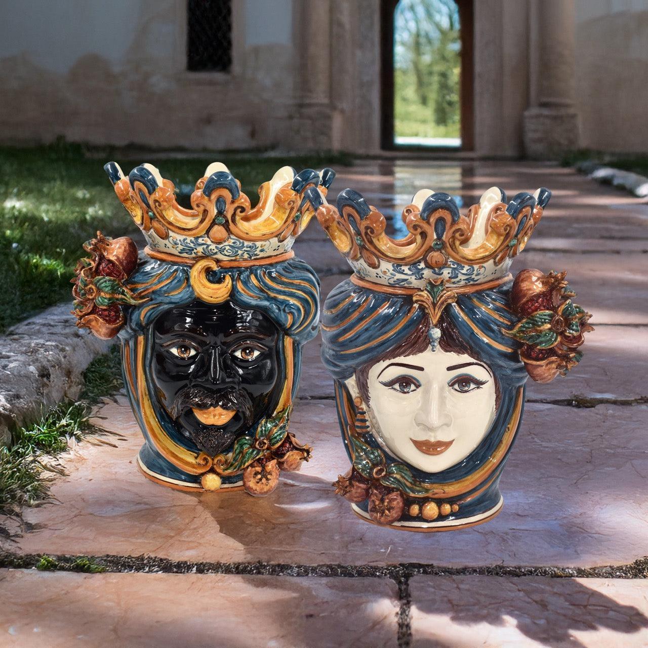 Testa di moro h 40 melograni blu e arancio femmina - Ceramiche di Caltagirone Sofia