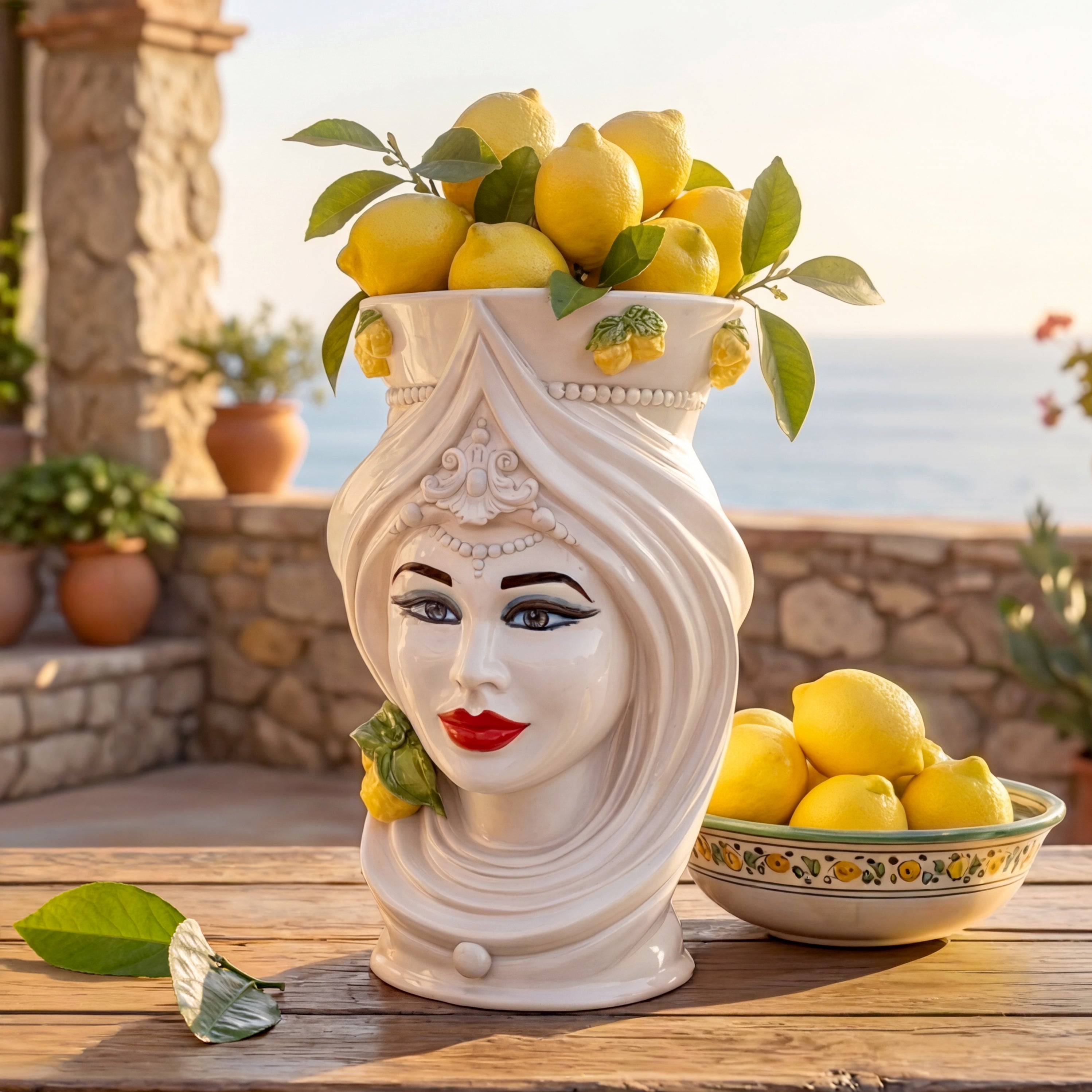 Testa di moro h 45 turbante White and Lemon femmina - Ceramiche di Caltagirone Sofia