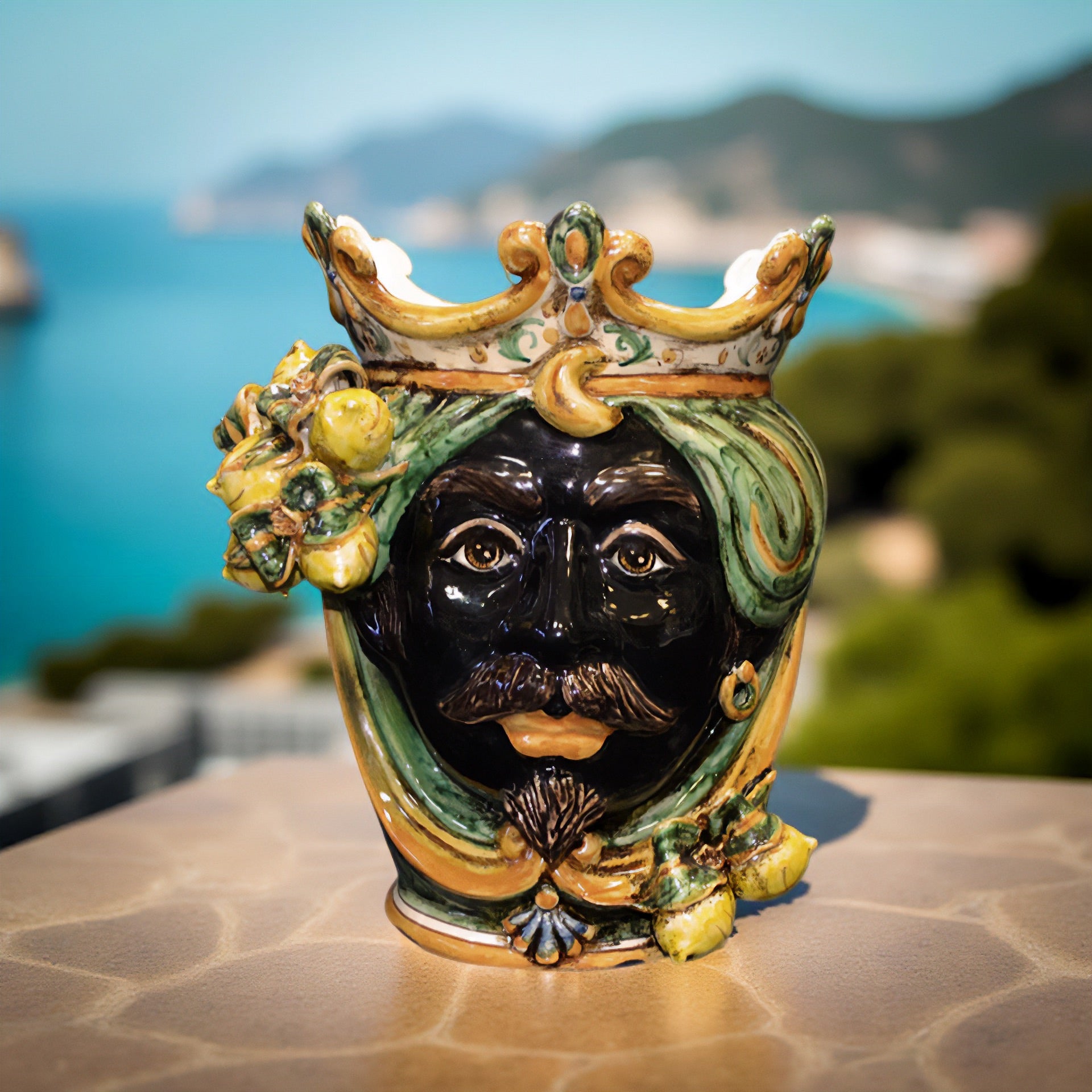 Testa h 25 limoni verde/arancio maschio moro - Ceramiche di Caltagirone Sofia