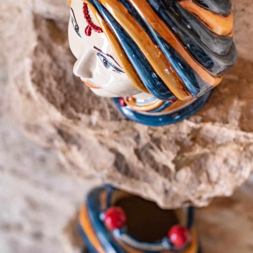 Testa h 30 in blu e arancio maschio moro - Ceramiche di Caltagirone Sofia