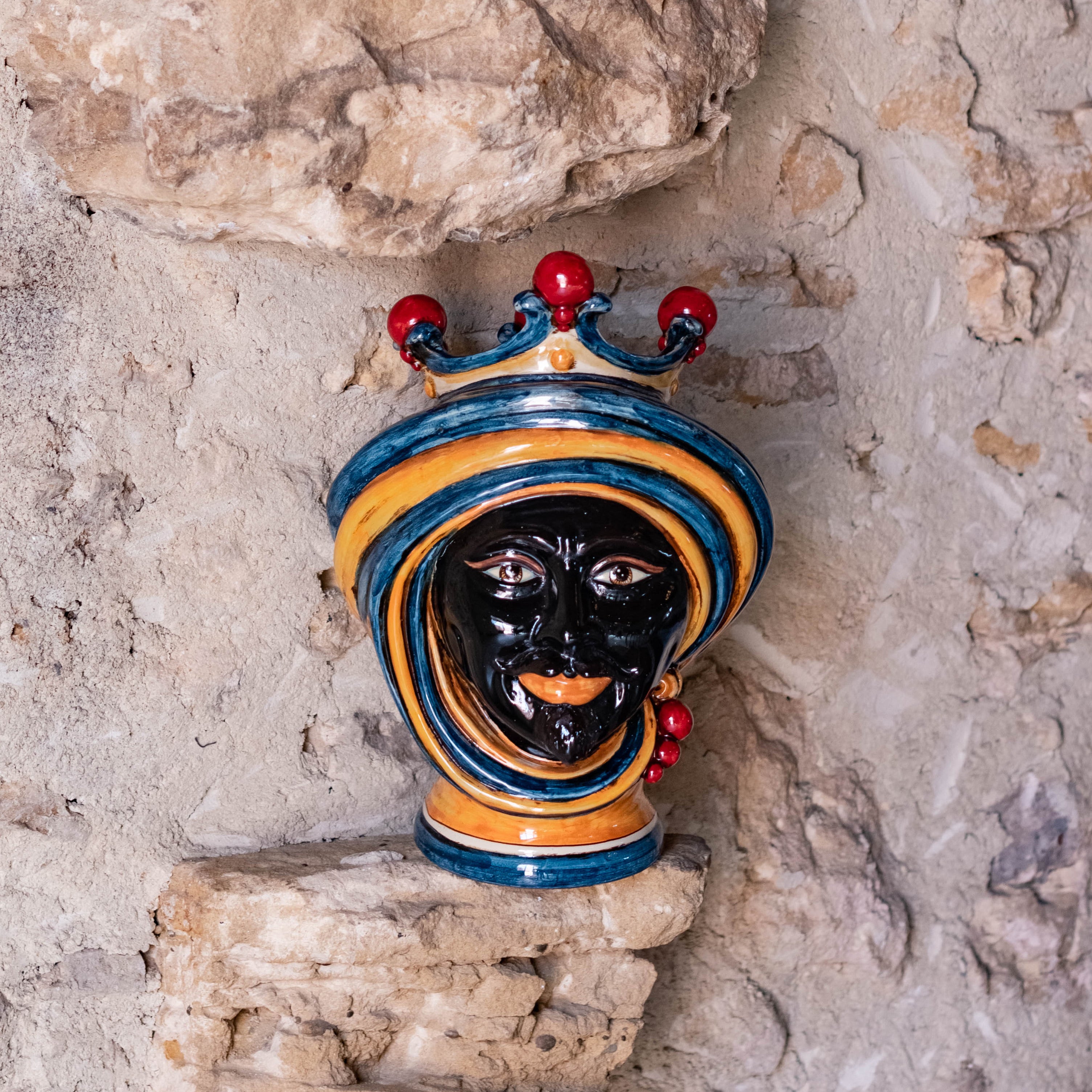 Testa h 30 in blu e arancio maschio moro - Ceramiche di Caltagirone Sofia