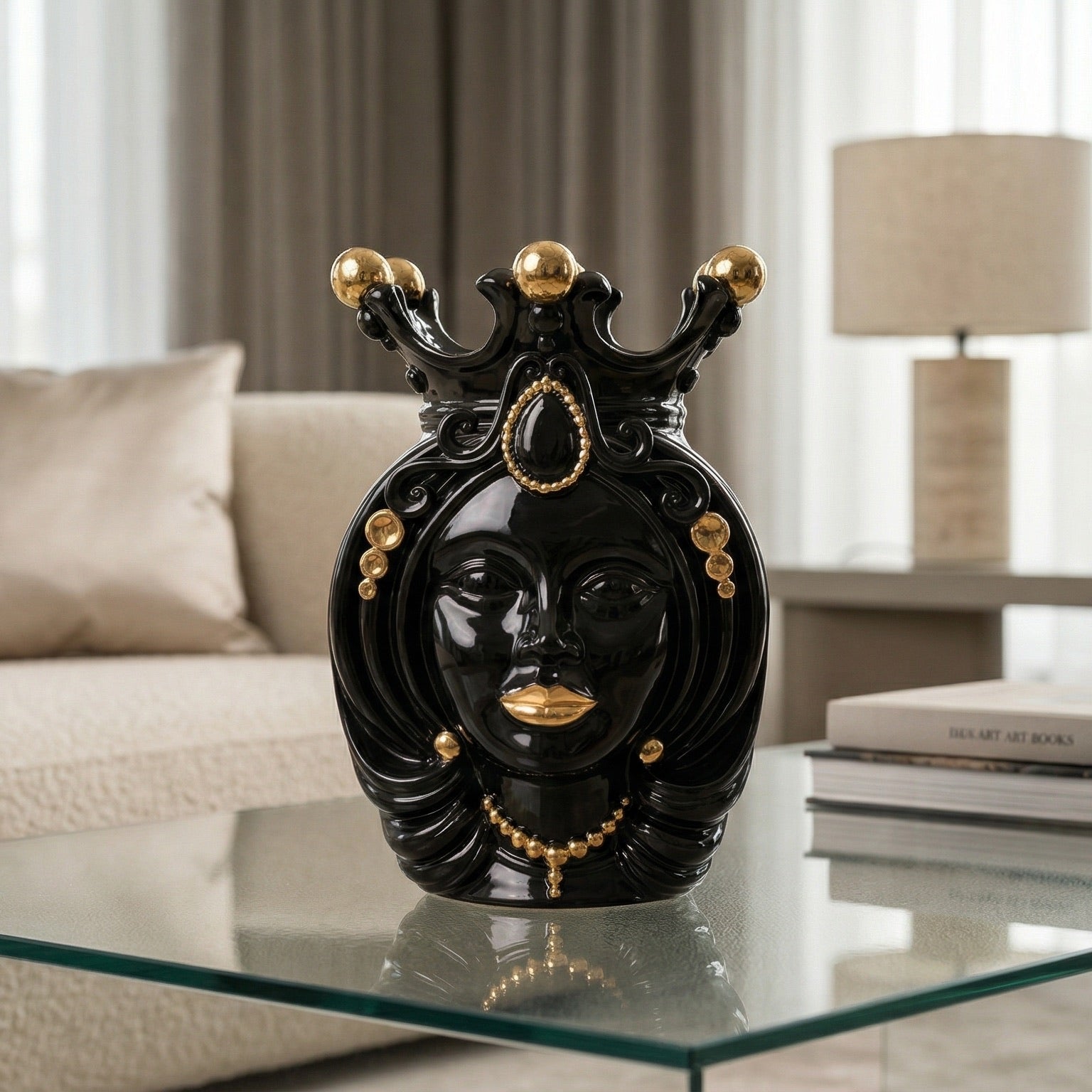 Sicilian Moor's Head H 38 cm / 15", Woman, Black and Gold – Testa di Moro from Caltagirone, Sicily