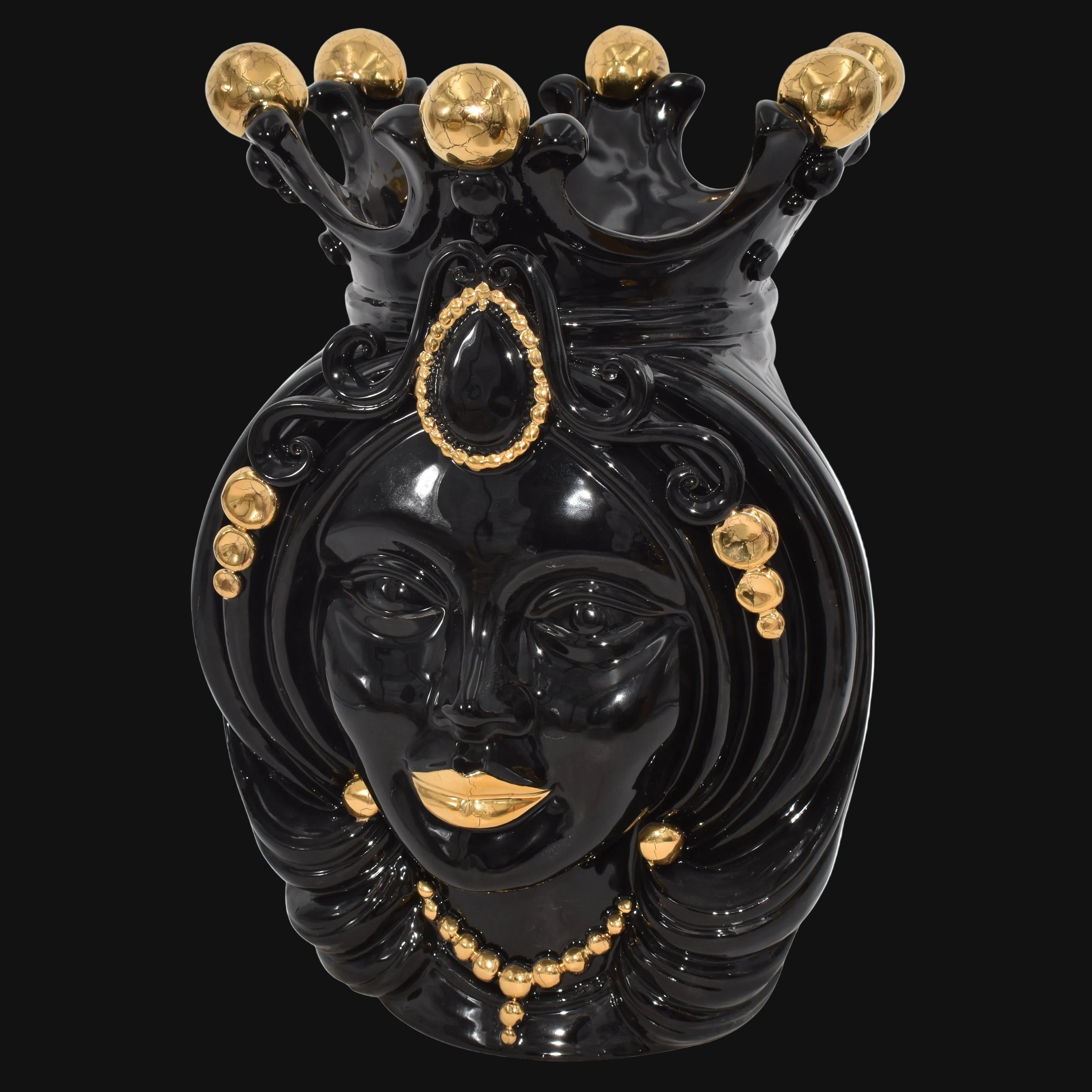 Sicilian Moor's Head H 38 cm / 15", Woman, Black and Gold – Testa di Moro from Caltagirone, Sicily