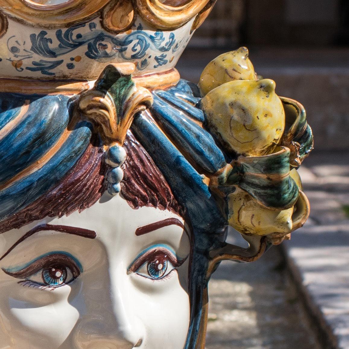 Testa h 40 limoni blu e arancio femmina - Ceramiche di Caltagirone Sofia