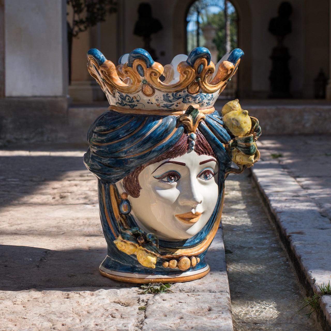 Testa h 40 limoni blu e arancio femmina - Ceramiche di Caltagirone Sofia