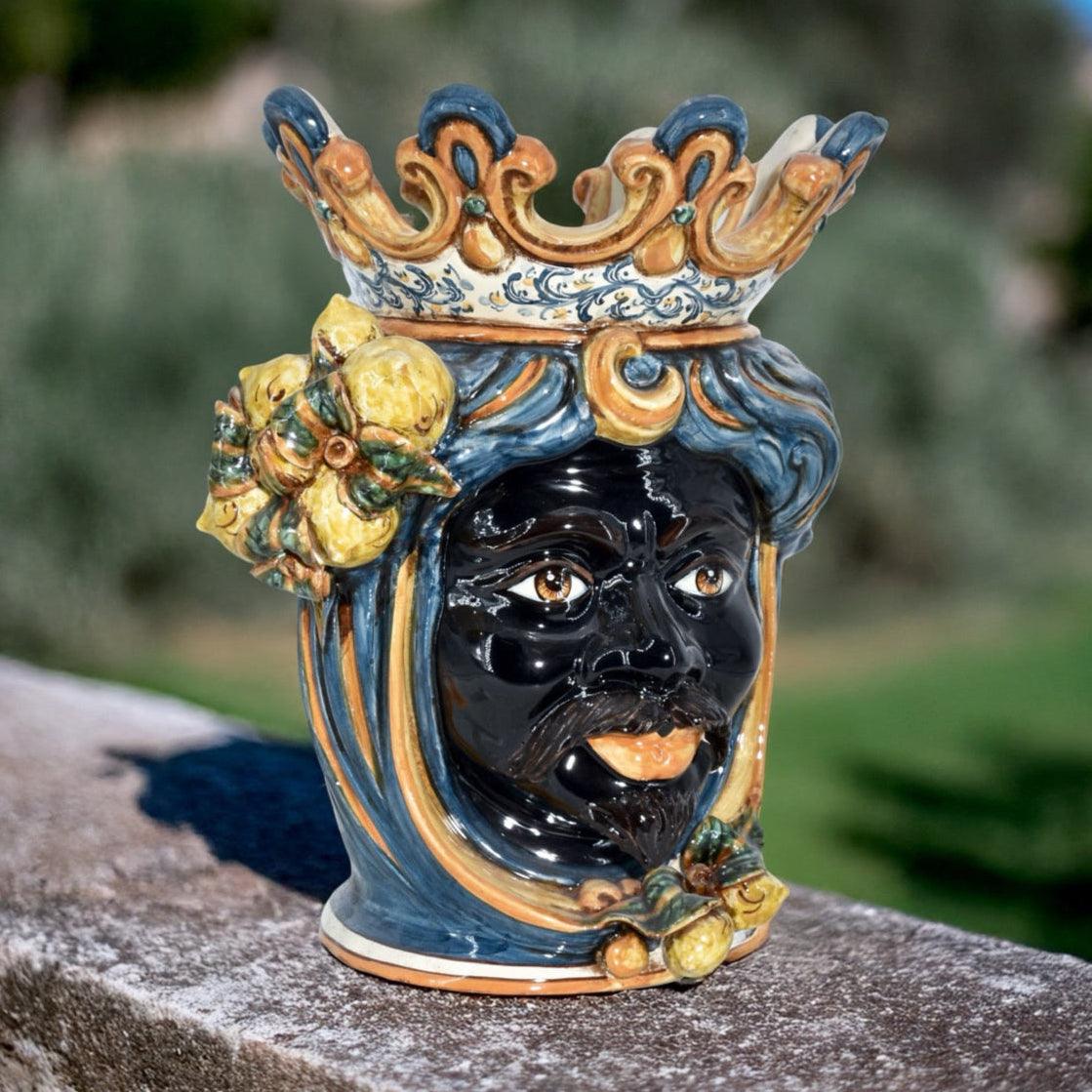 Testa h 40 limoni blu e arancio maschio moro - Ceramiche di Caltagirone Sofia