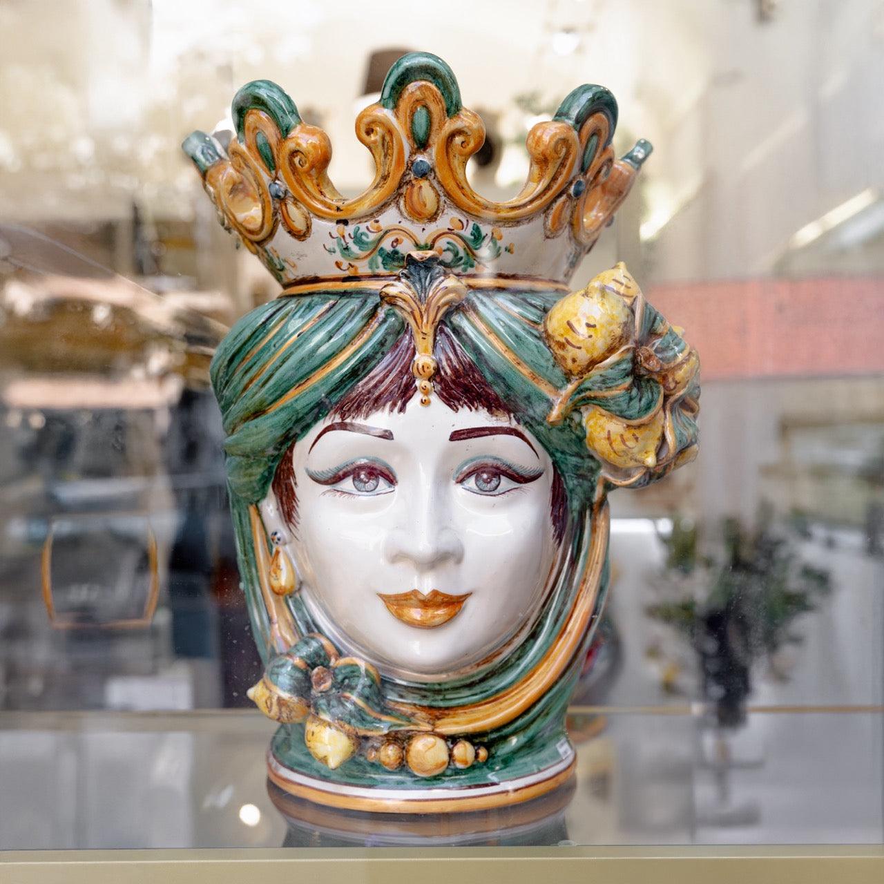 Moor's Head h40 Woman with Lemons, Green and Orange - Caltagirone