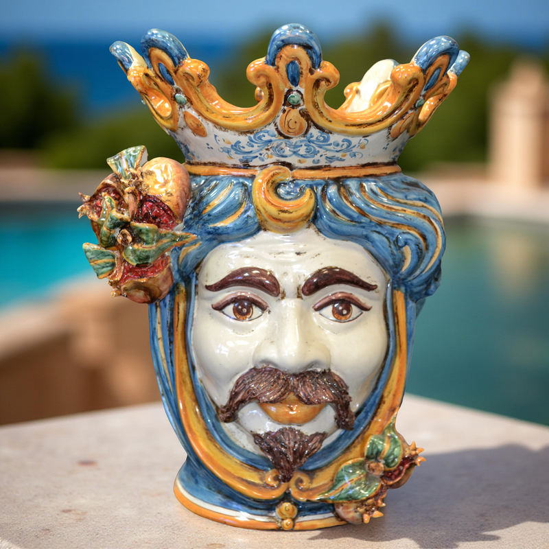Ceramic Head with pomegranate h 40 blu/orange male