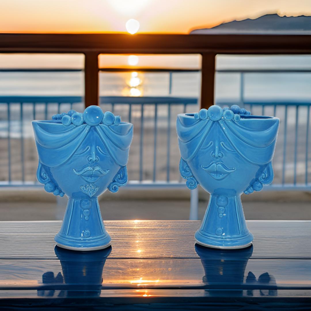 Testa Uomo Ceramica Caltagirone | Zahira Turchese h 30cm - Ceramiche di Caltagirone Sofia