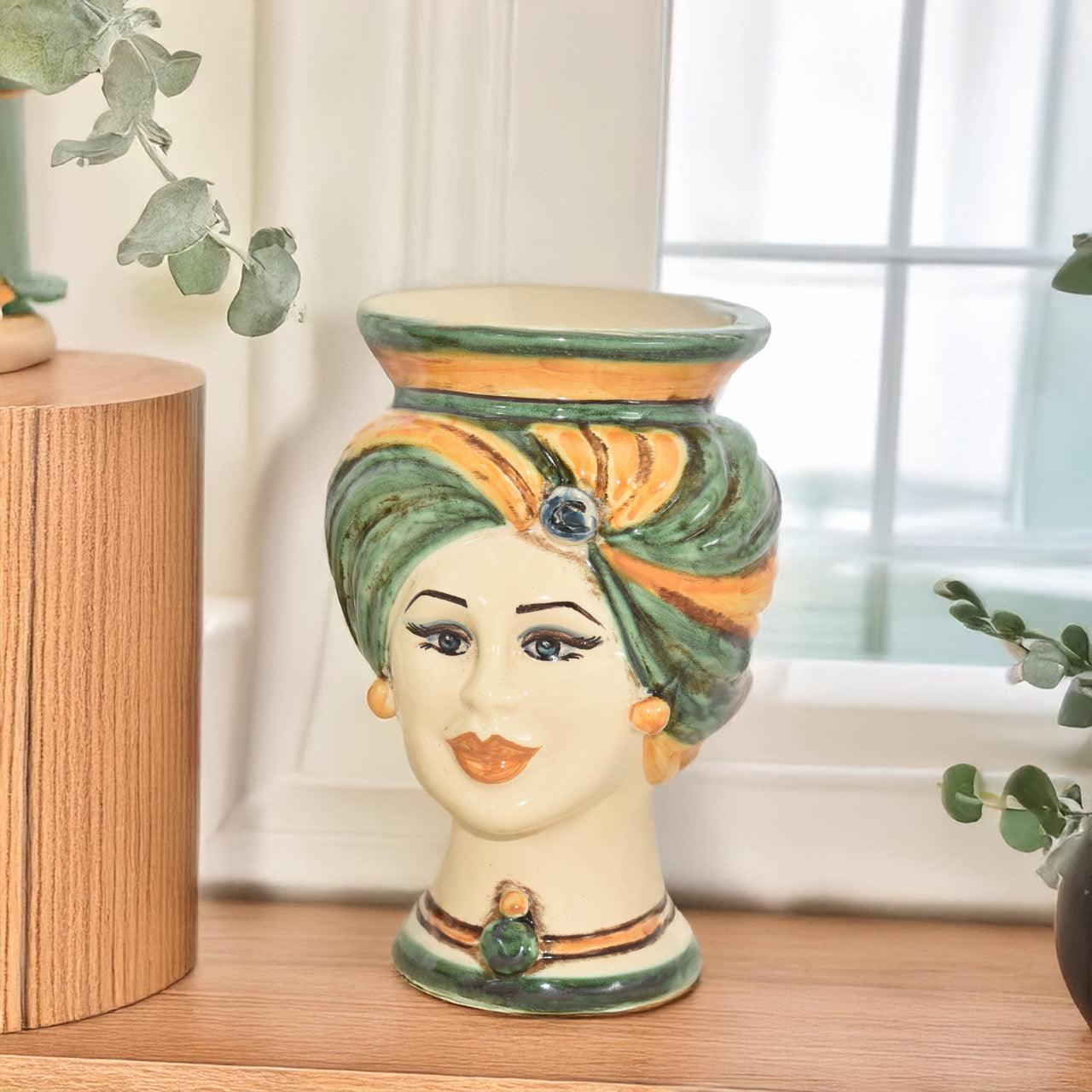 Teste di Moro h 16 tuareg decoro Verde e Arancio - Ceramiche di Caltagirone Sofia
