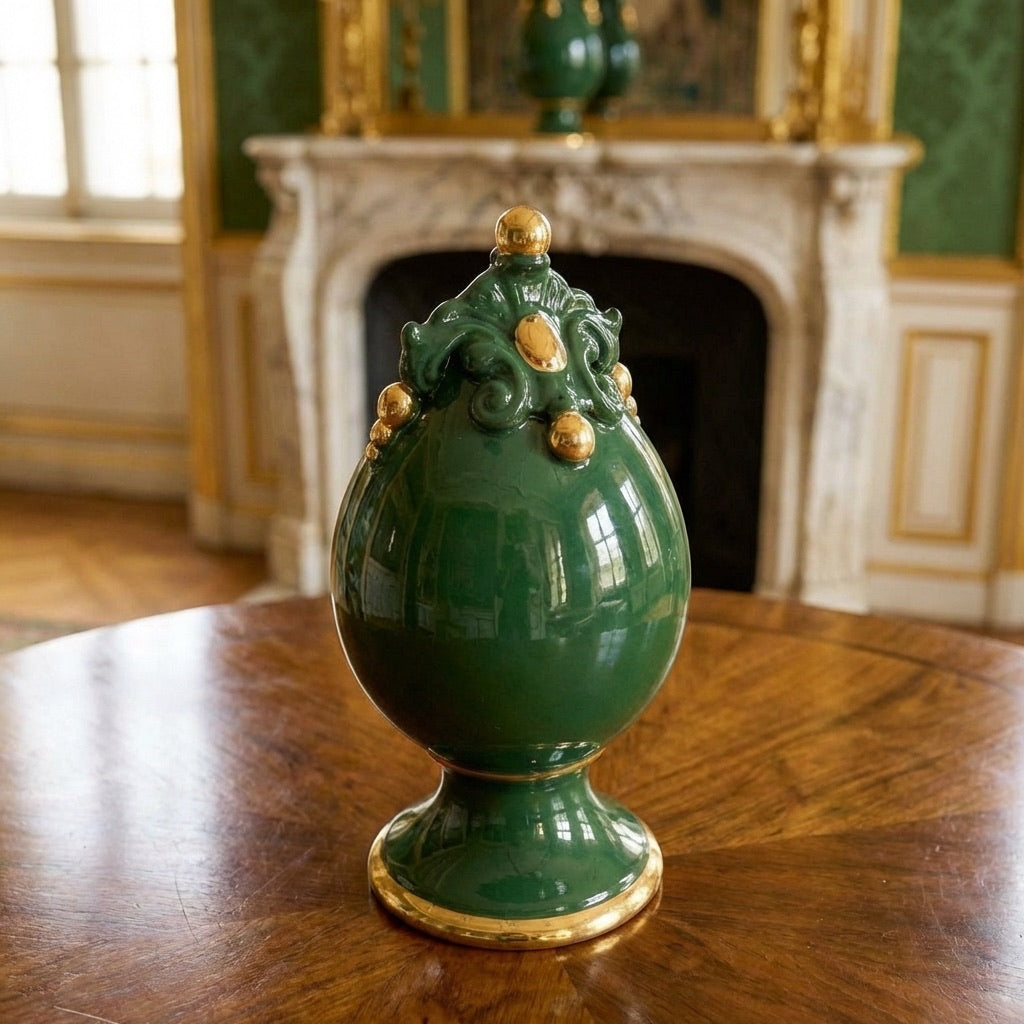 Egg with foot h 18 plastic sofia antique green and gold
