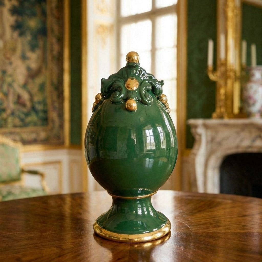 Egg with foot h 18 plastic sofia antique green and gold