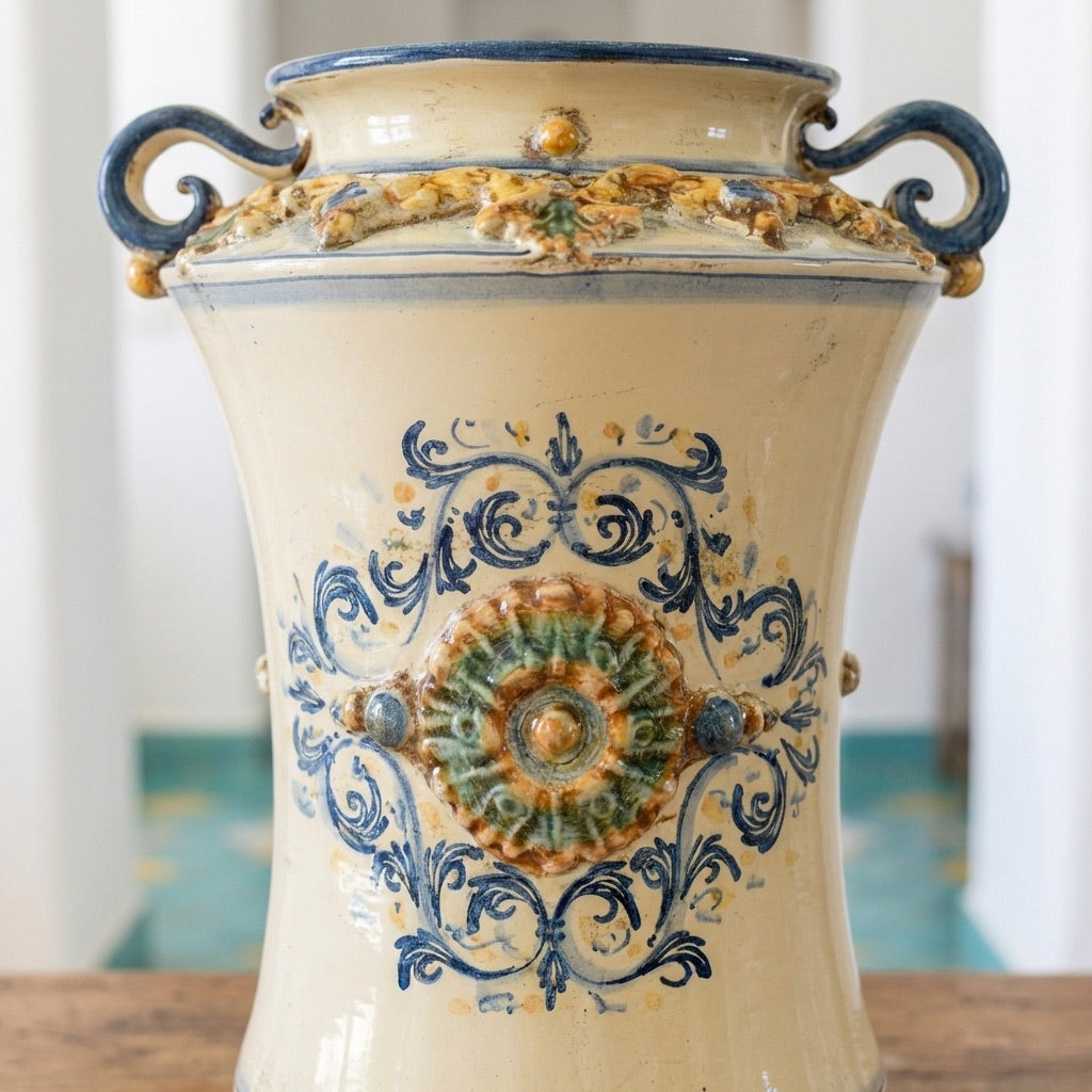 Vaso Albarello Ceramico con Manici in Blu e Arancio - Artigianato Siciliano di Caltagirone - Ceramiche di Caltagirone Sofia