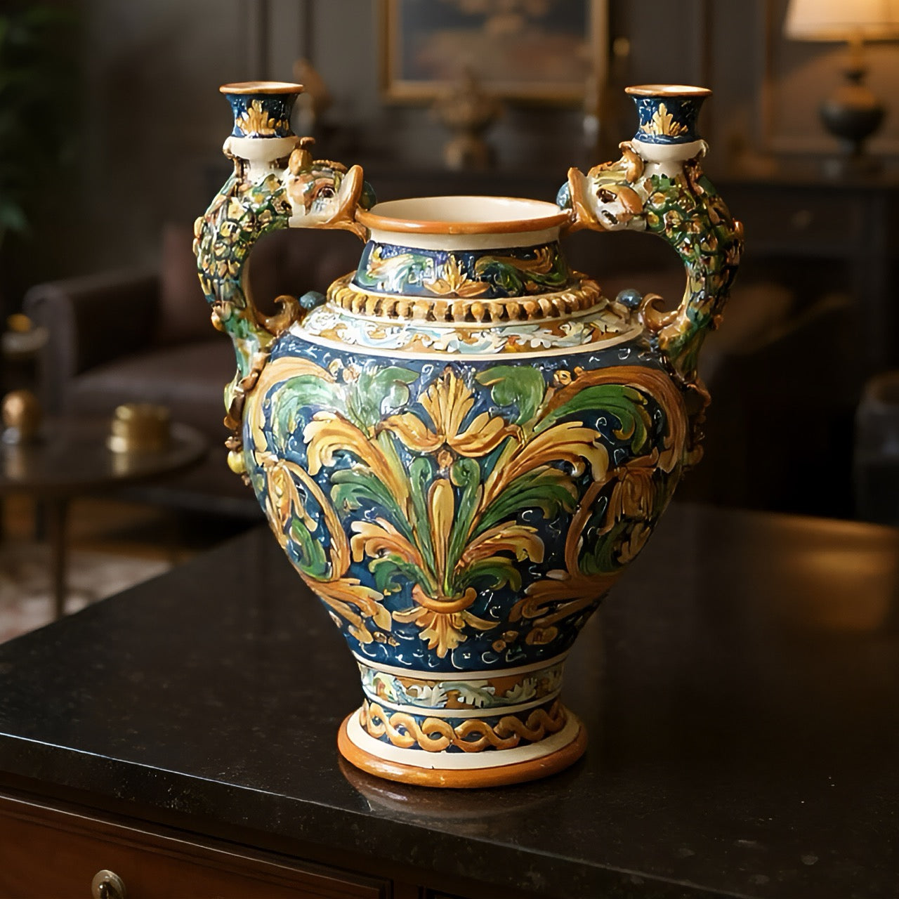 Vaso boccia h 40 c/manici pesci portacandele ornato calatino - Ceramiche di Caltagirone Sofia