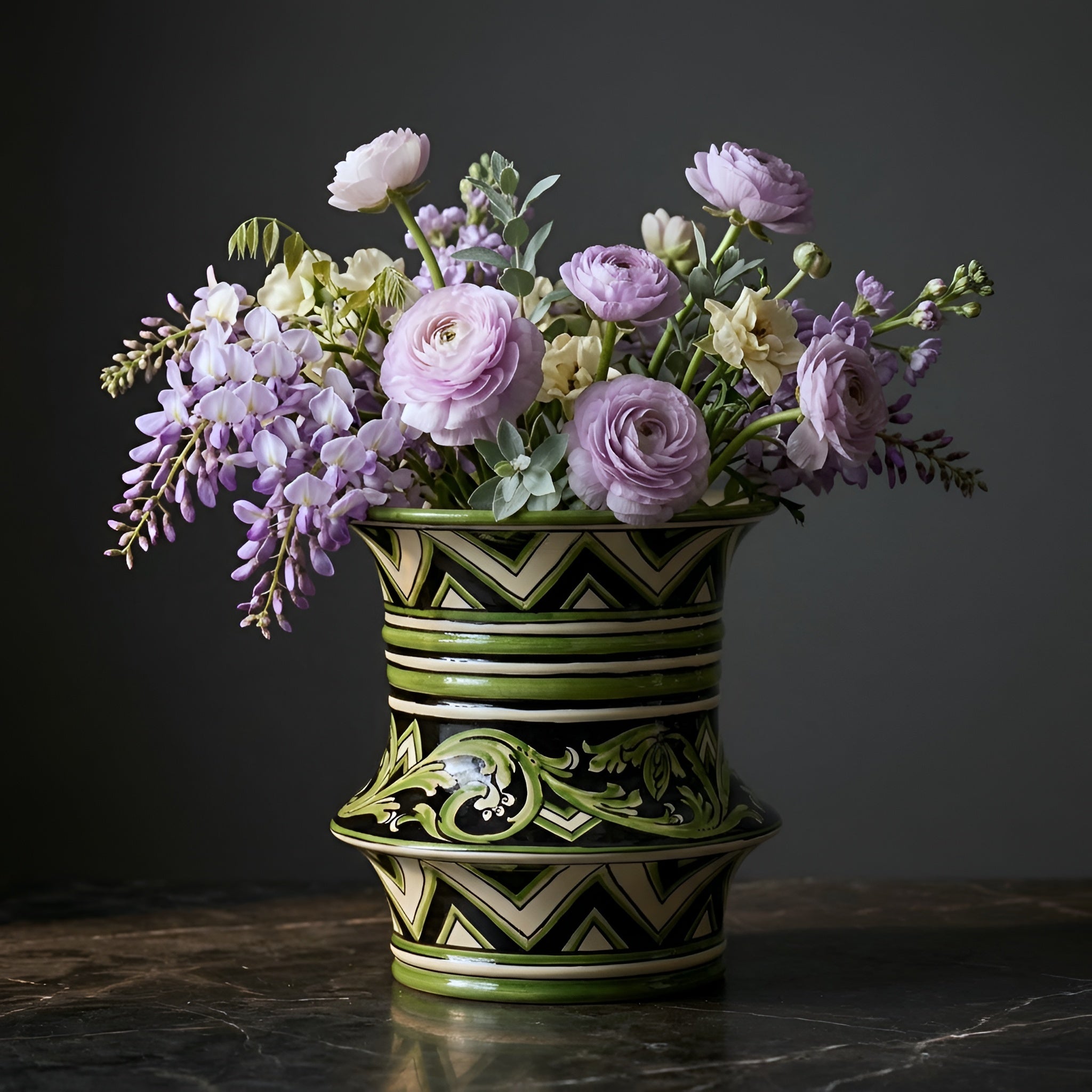 Caltagirone Ceramic Centerpiece Vase H 25 cm / 9¾" Ø 23 cm — Parigi Line Black and Green