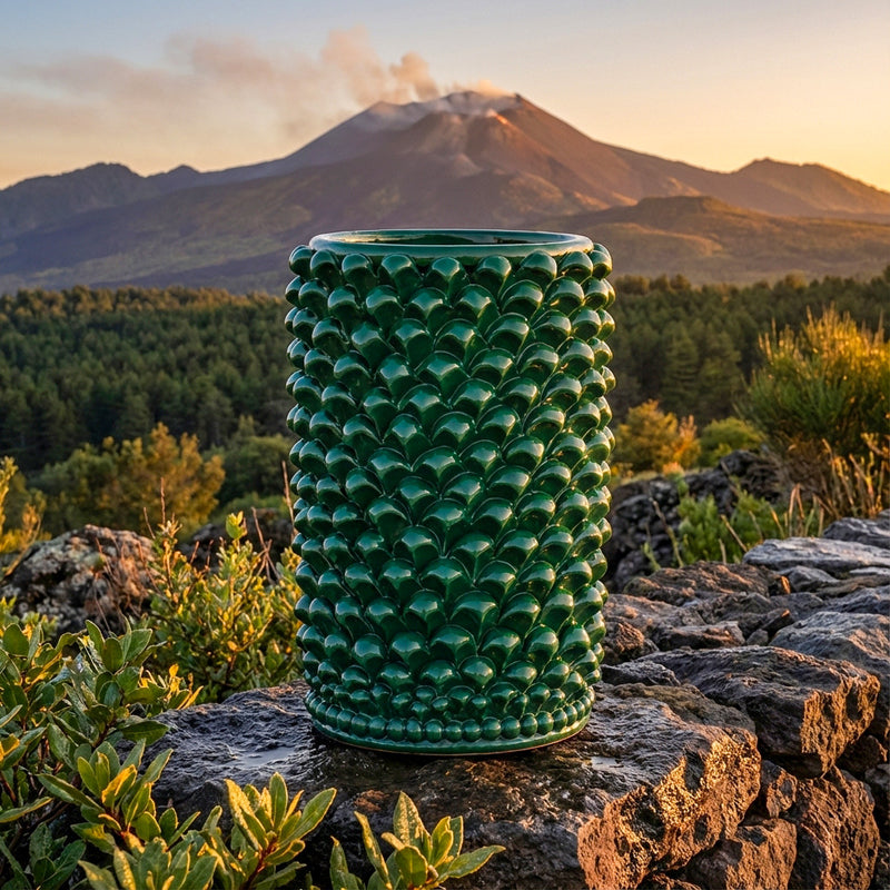 Caltagirone handmade pinecone vase modeled by hand height 25 in green