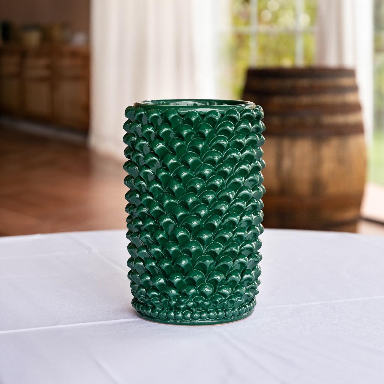 Vaso cilindrico verde antico con decorazione a pigna, ceramiche Caltagirone fatti a mano