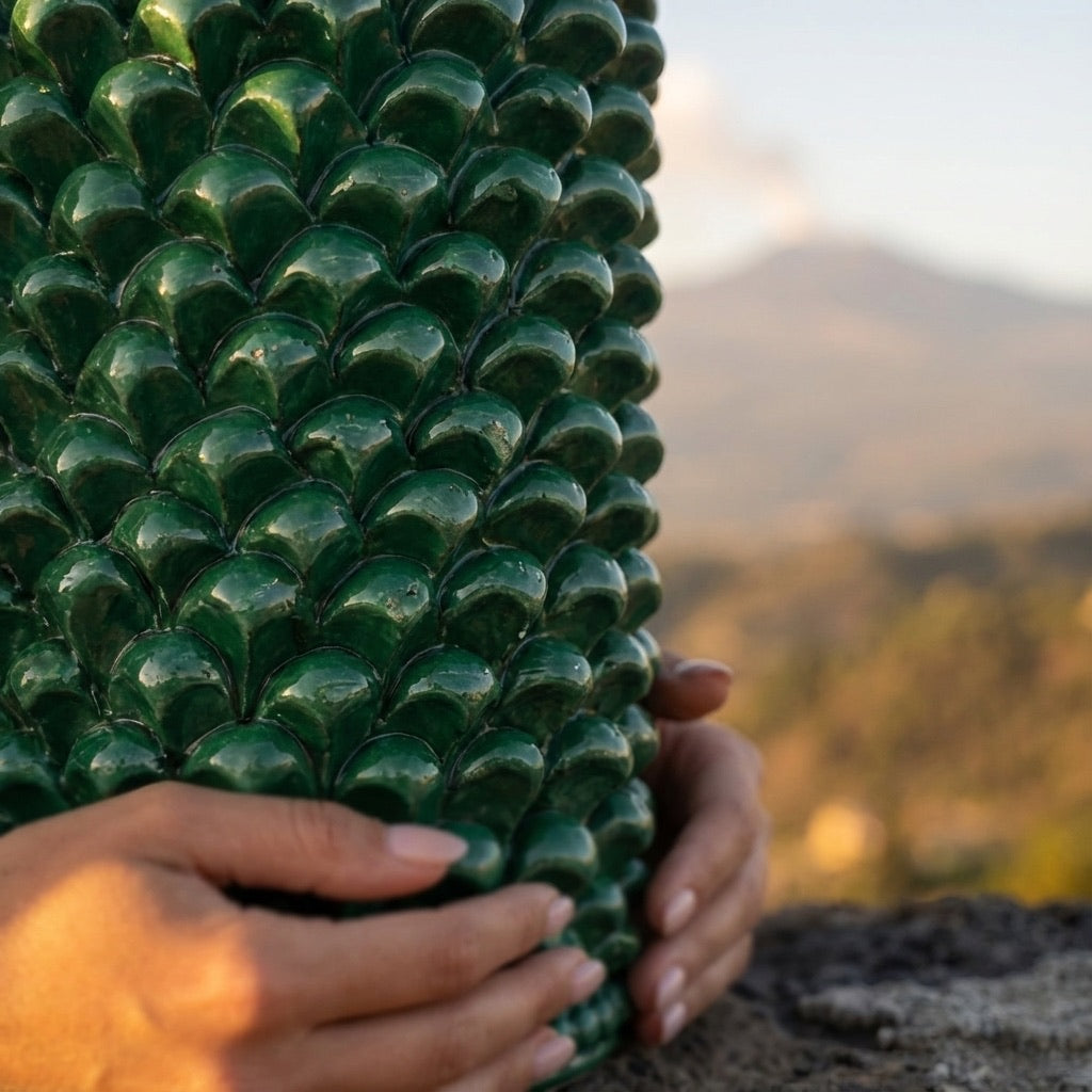 Caltagirone handmade pinecone vase modeled by hand height 25 in green