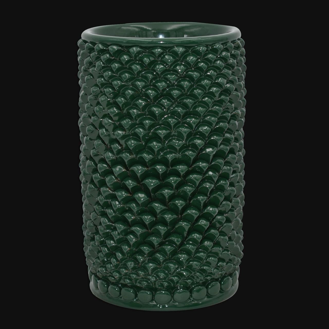 Vaso cilindrico pigna verde antico, ceramiche Caltagirone fatti a mano, Sofia