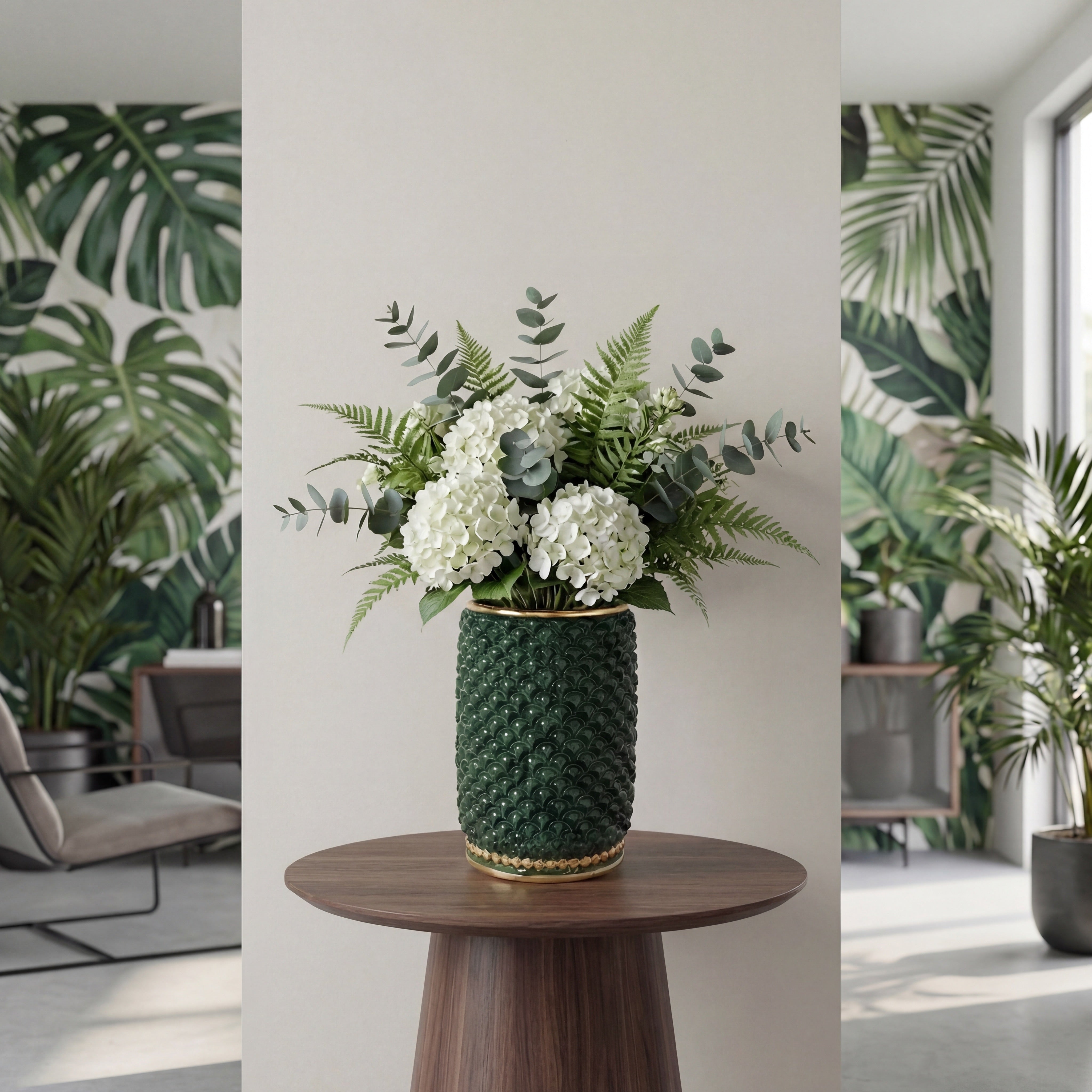 Vaso cilindro pigna modellata a mano in verde e oro - Ceramiche di Caltagirone Sofia