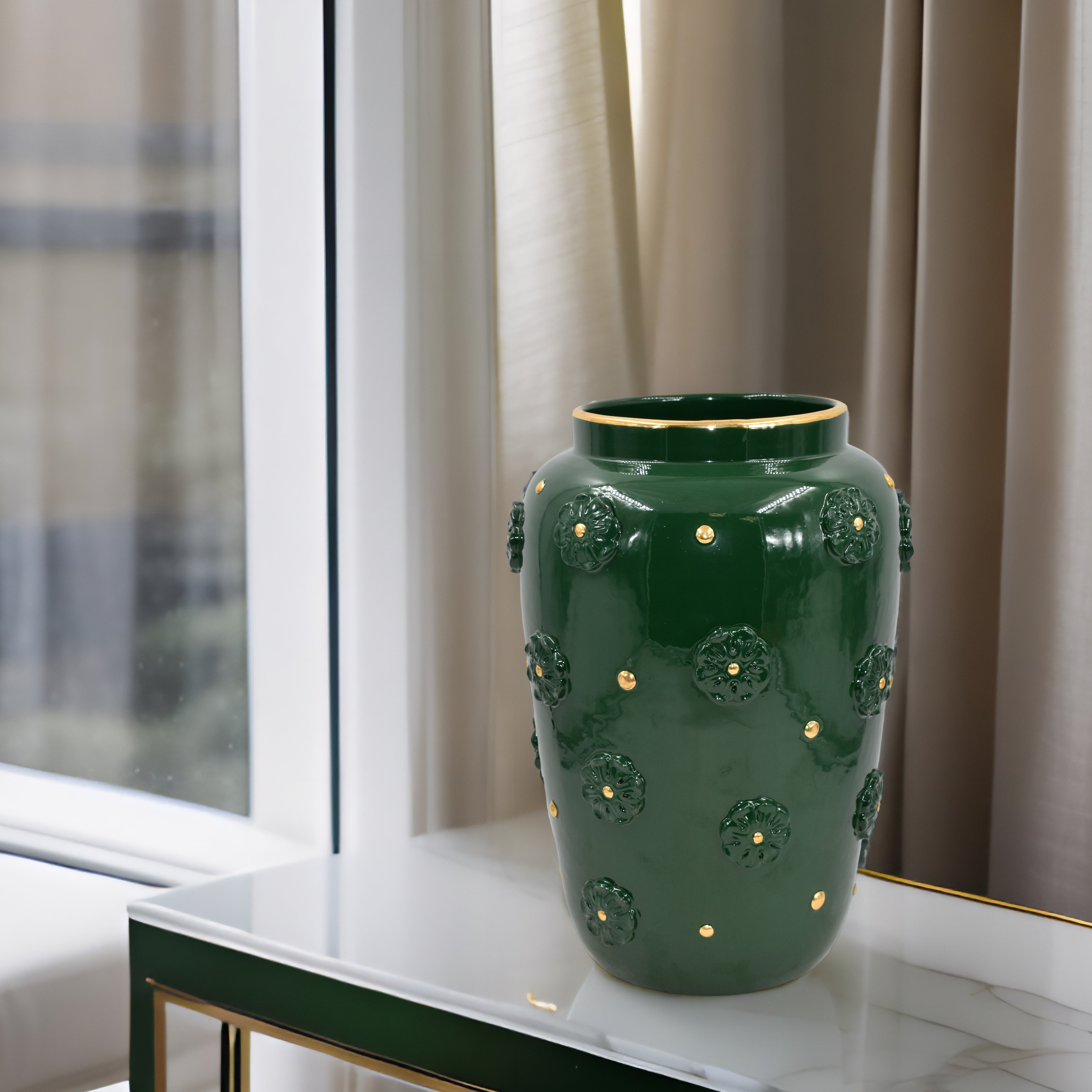 Vaso con rosone h 37 verde antico e oro - Ceramiche di Caltagirone Sofia