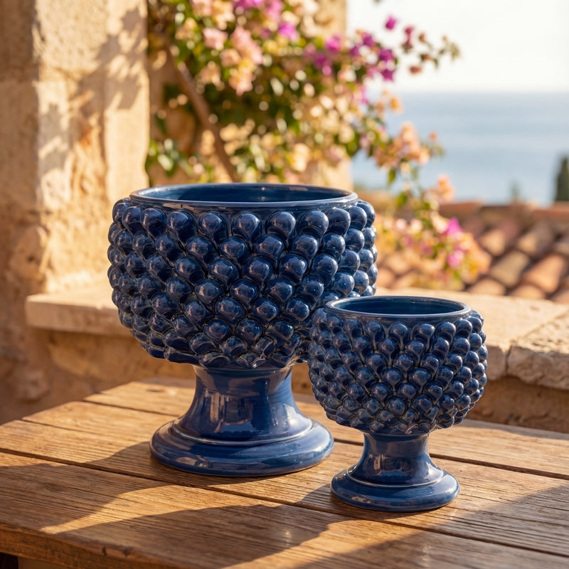 Caltagirone ceramic half-pine cone vase in deep blue