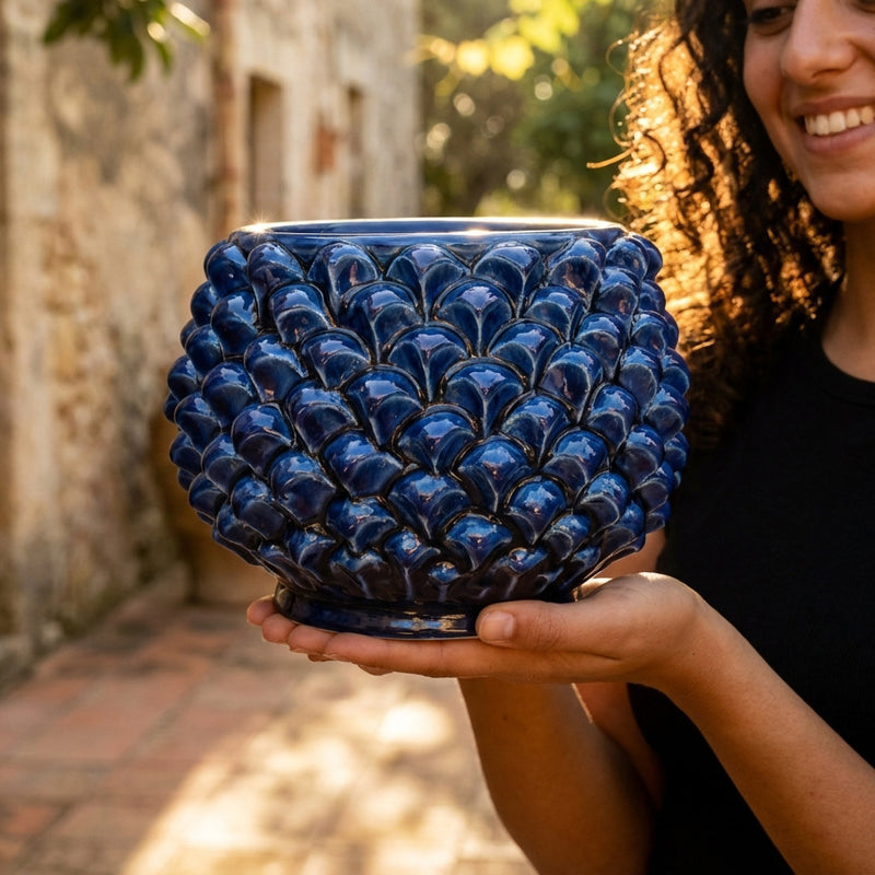 Caltagirone ceramic half-pine cone vase without foot, deep blue