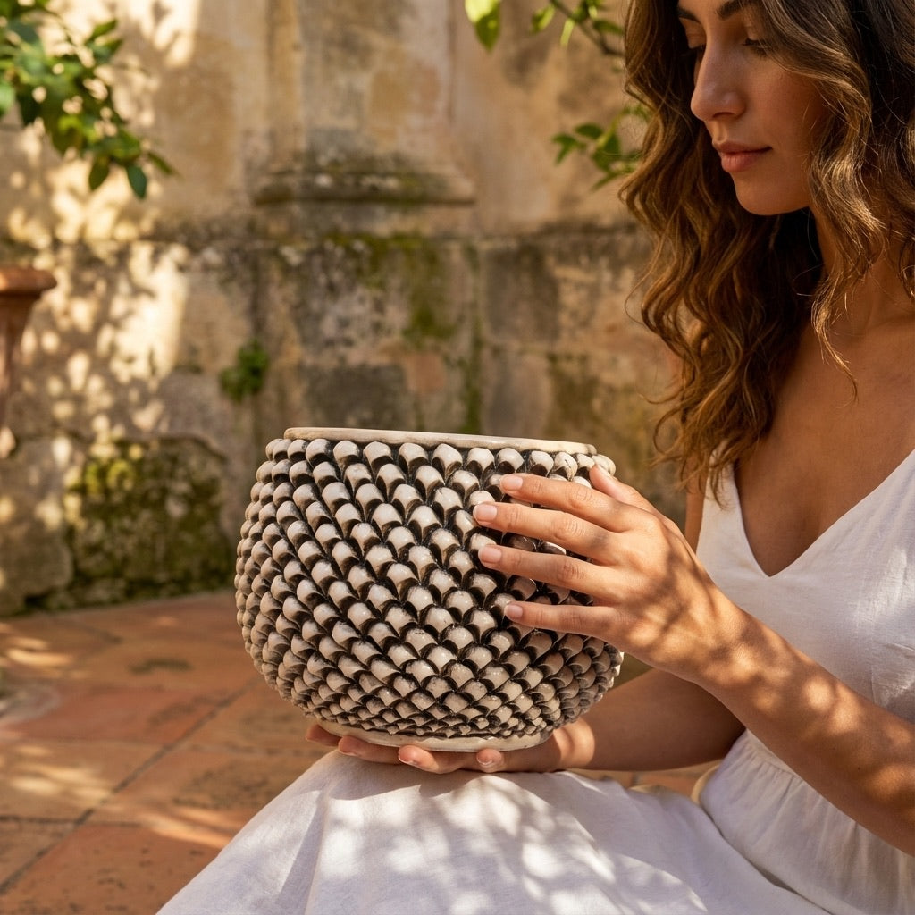 Vaso mezza pigna s/piede madreperla antichizzato in ceramica di Caltagirone - Ceramiche di Caltagirone Sofia