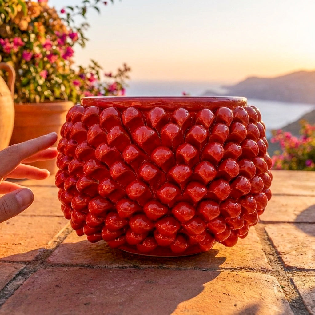 Vaso mezza pigna s/piede rosso fuoco in ceramica di Caltagirone - Ceramiche di Caltagirone Sofia