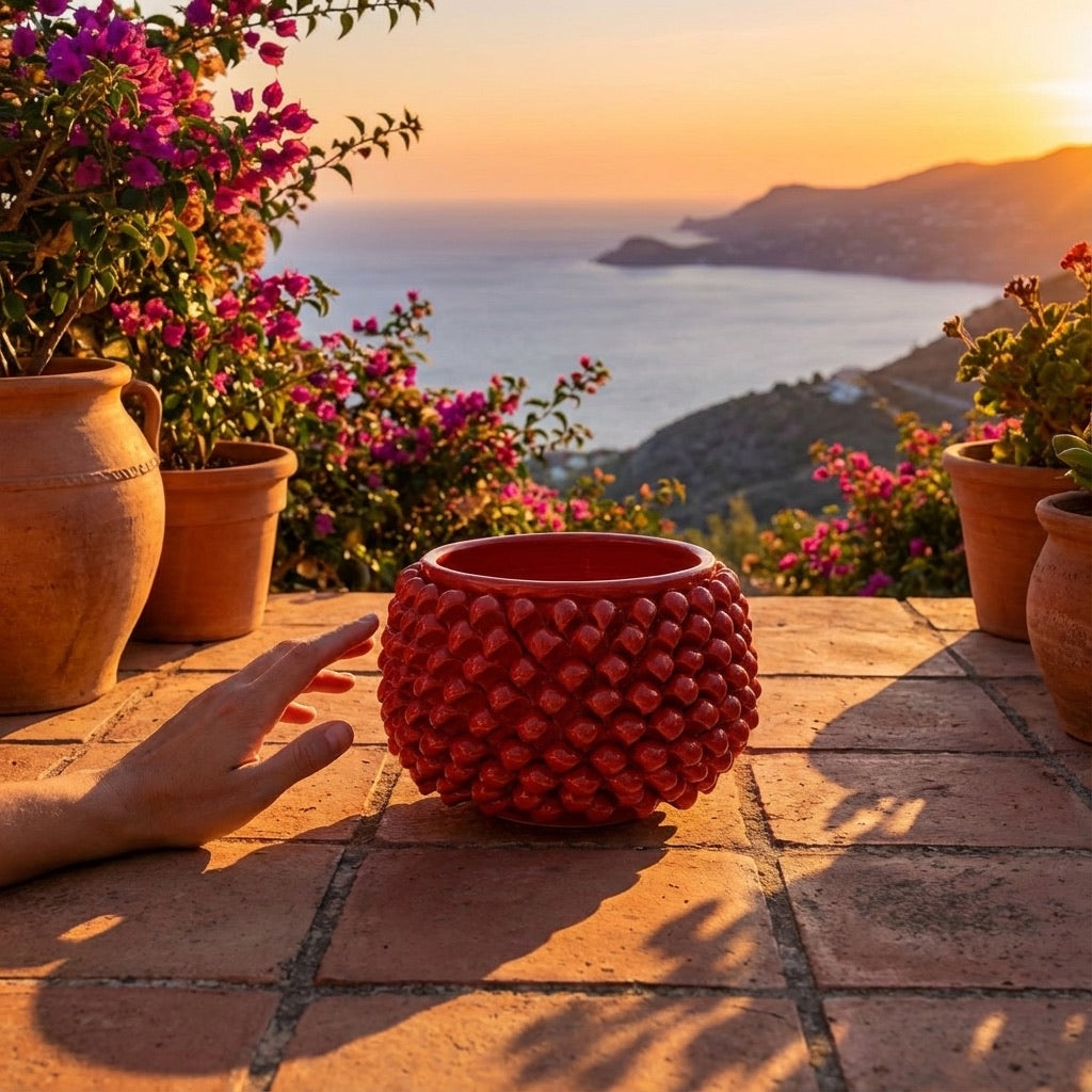 Vaso mezza pigna s/piede rosso fuoco in ceramica di Caltagirone - Ceramiche di Caltagirone Sofia