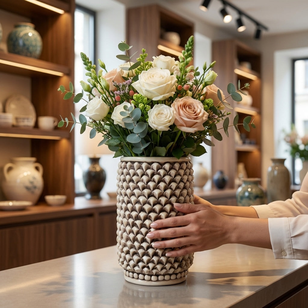 Vaso Pigna cilindro modellata a mano Madreperla Antichizzato - Ceramiche di Caltagirone Sofia
