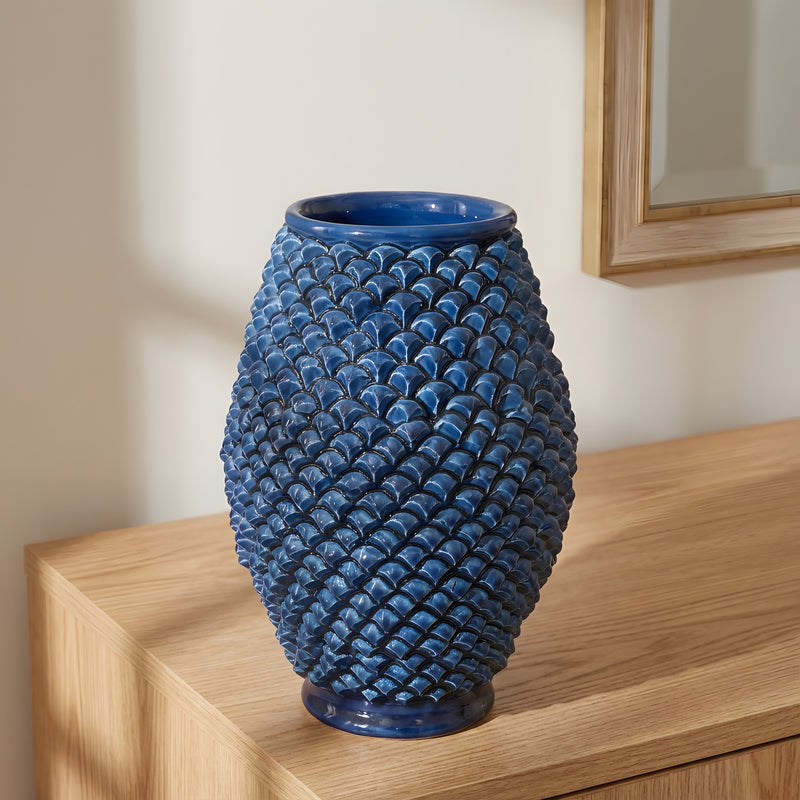 Caltagirone Ceramic Pine Cone Vase H 25 cm / 9¾" — Deep Blue