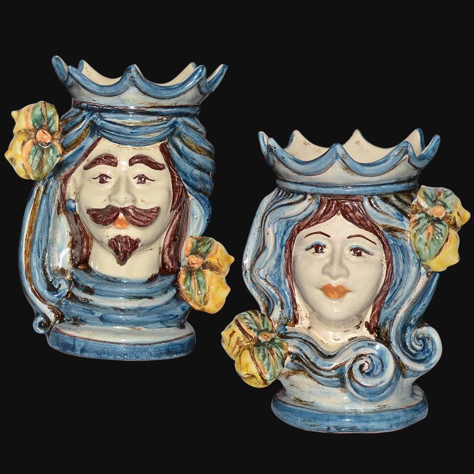 Coppia di Teste di moro h 15 mono blu maschio bianco - Ceramiche di Caltagirone Sofia