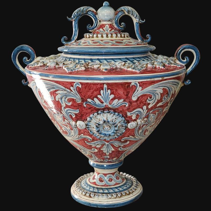 Potiche c/piede h 38 plastico Sofia ornato blu/bordeaux - Ceramiche di Caltagirone Sofia