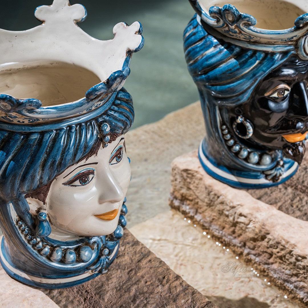 Testa h 25 c/perline mono blu maschio moro - Ceramiche di Caltagirone Sofia