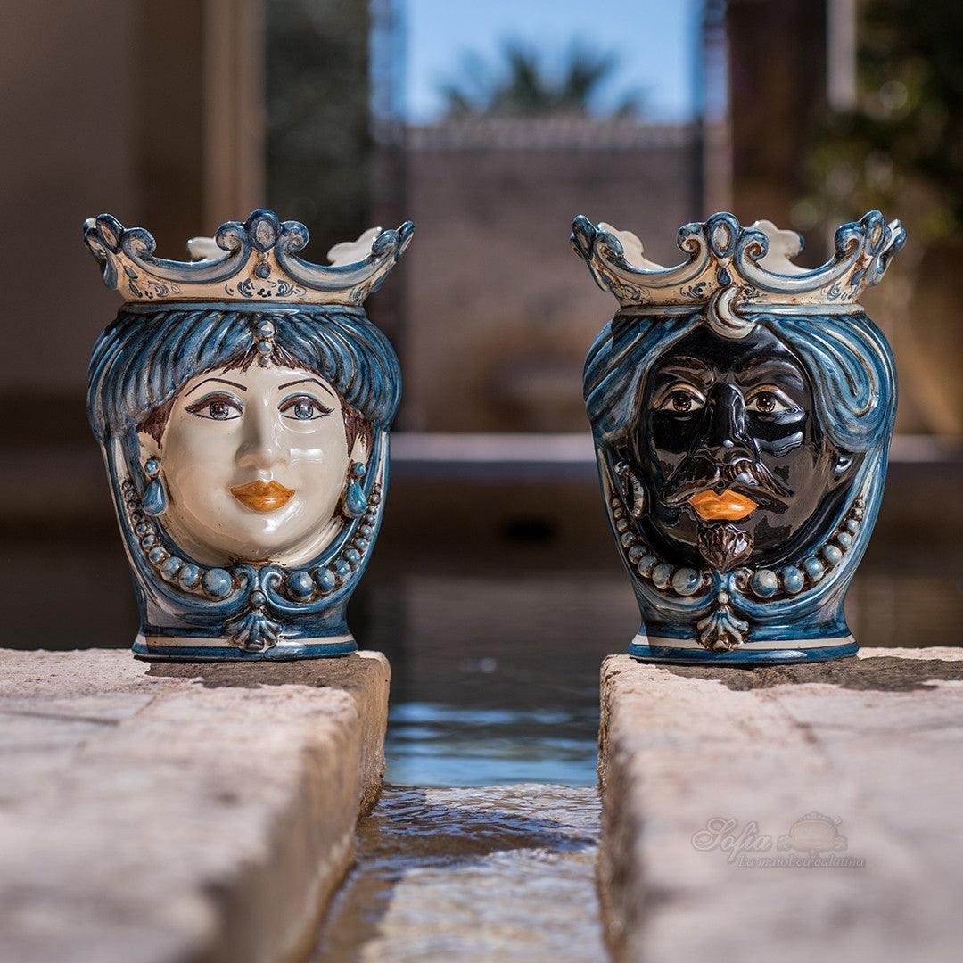 Testa h 25 c/perline mono blu maschio moro - Ceramiche di Caltagirone Sofia