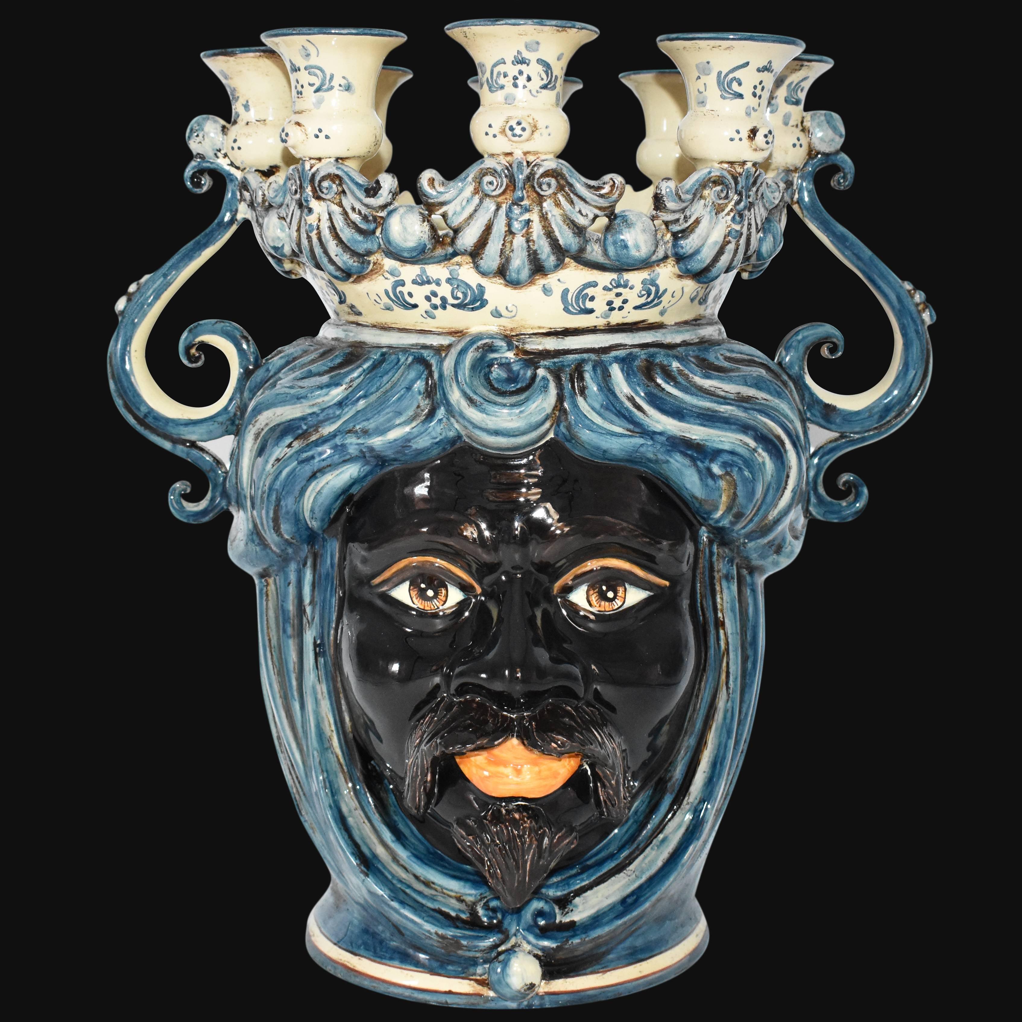 Teste a candeliere h 40 mono blu maschio moro - Ceramiche di Caltagirone Sofia