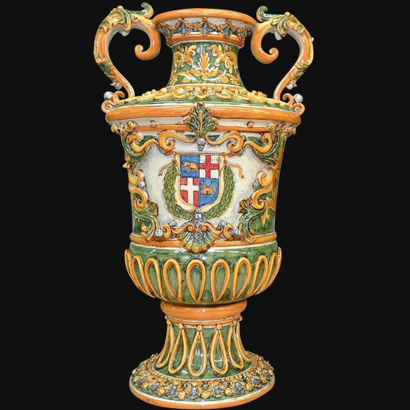 Vaso in ceramica di Caltagirone fatta a mano, decorato con stemma e motivi barocchi colorati