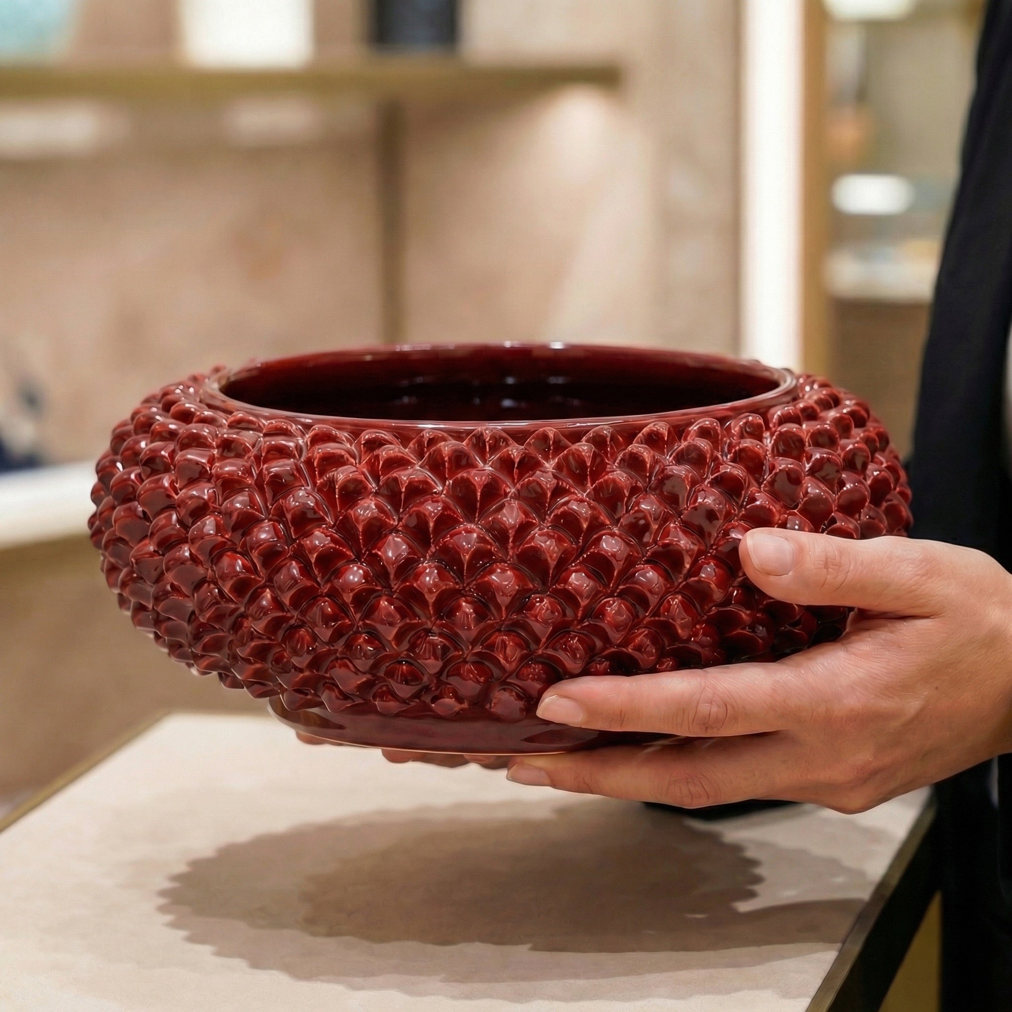 Pinecone centerpiece of Caltagirone modeled by hand bordeaux