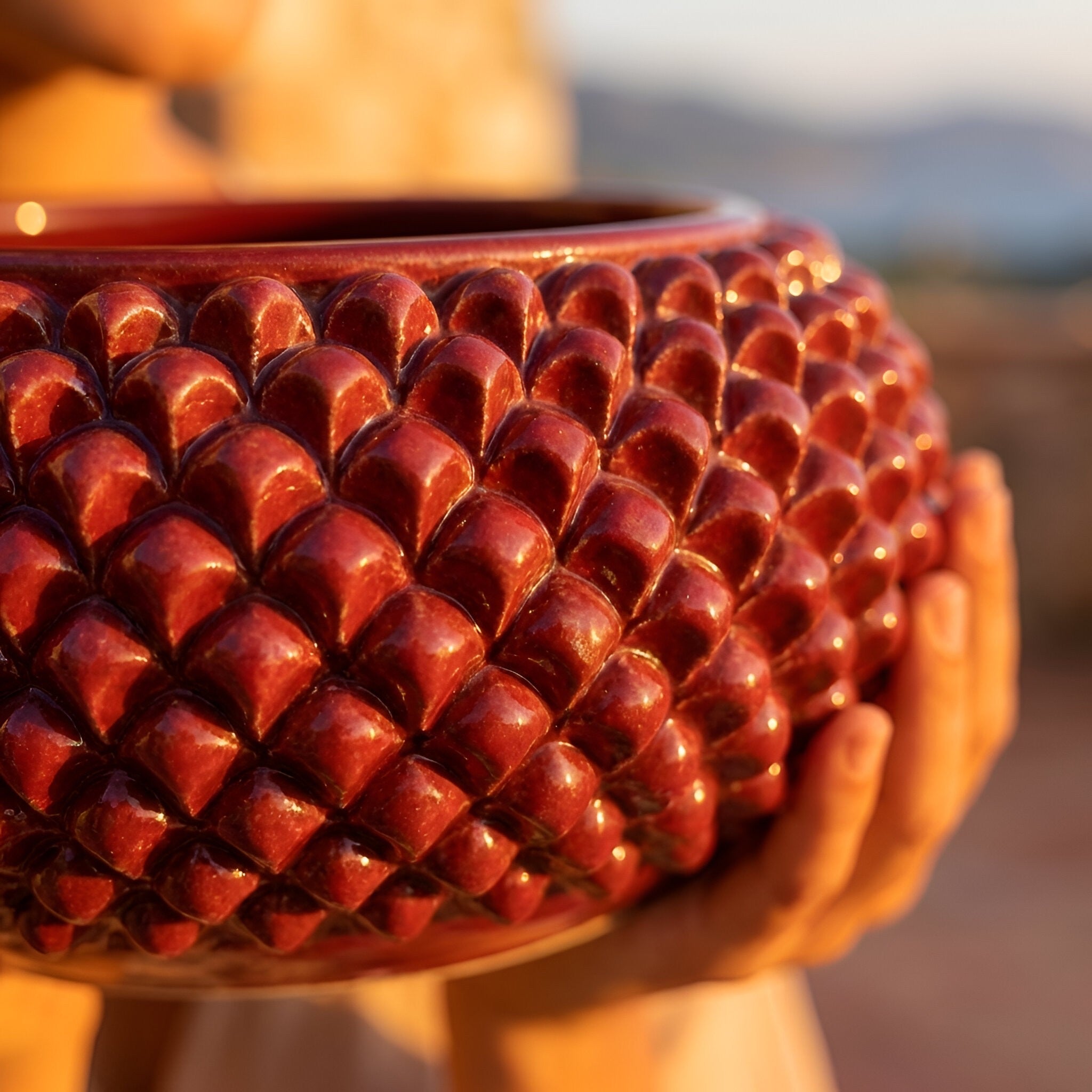 Pinecone centerpiece of Caltagirone modeled by hand bordeaux