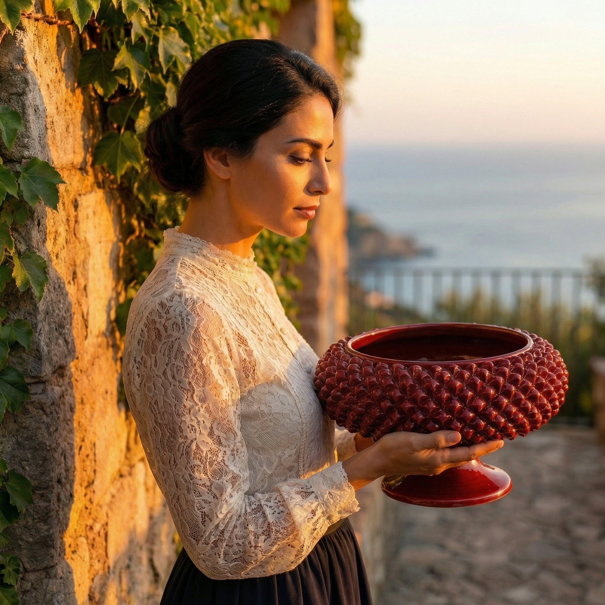Pinecone stand of Caltagirone modeled by hand bordeaux